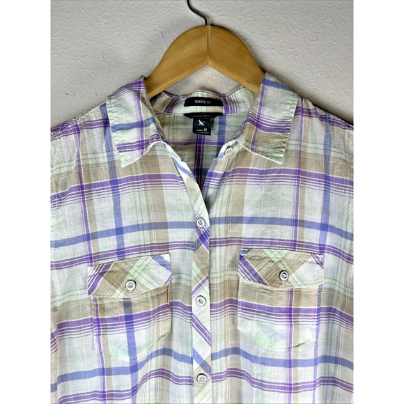 Eddie Bauer Shirt Women's Medium Blue Short Sleeve shaped fit button up pockets - Picture 3 of 11